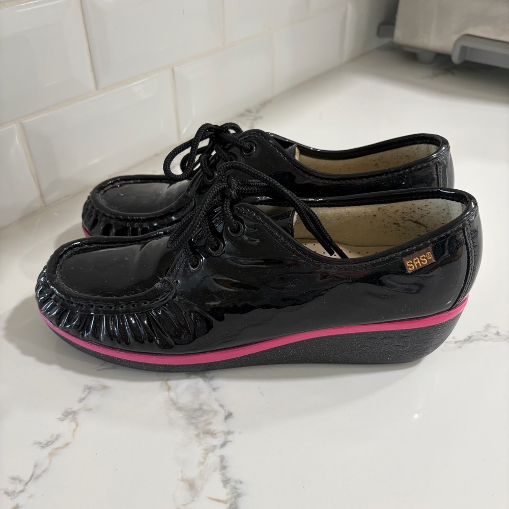 SAS Bounce-c Lace Up Wedge Black Patent Leather 8 Women’s Shoes Moccasin USA